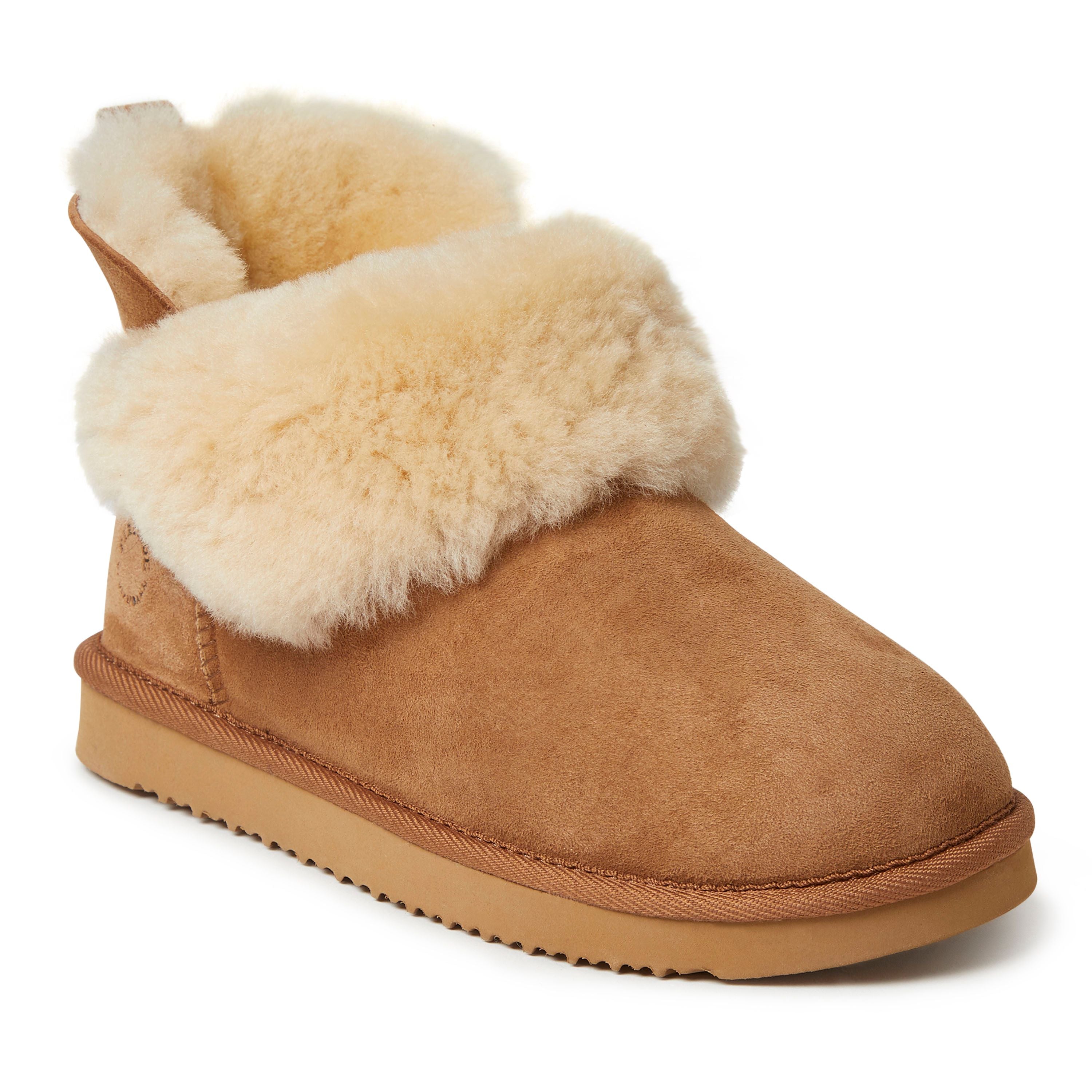  Dearfoams Fireside by Women's Shearling Water Resistant Indoor/Outdoor Foldover Boot Slipper - Chestnut - Bonton