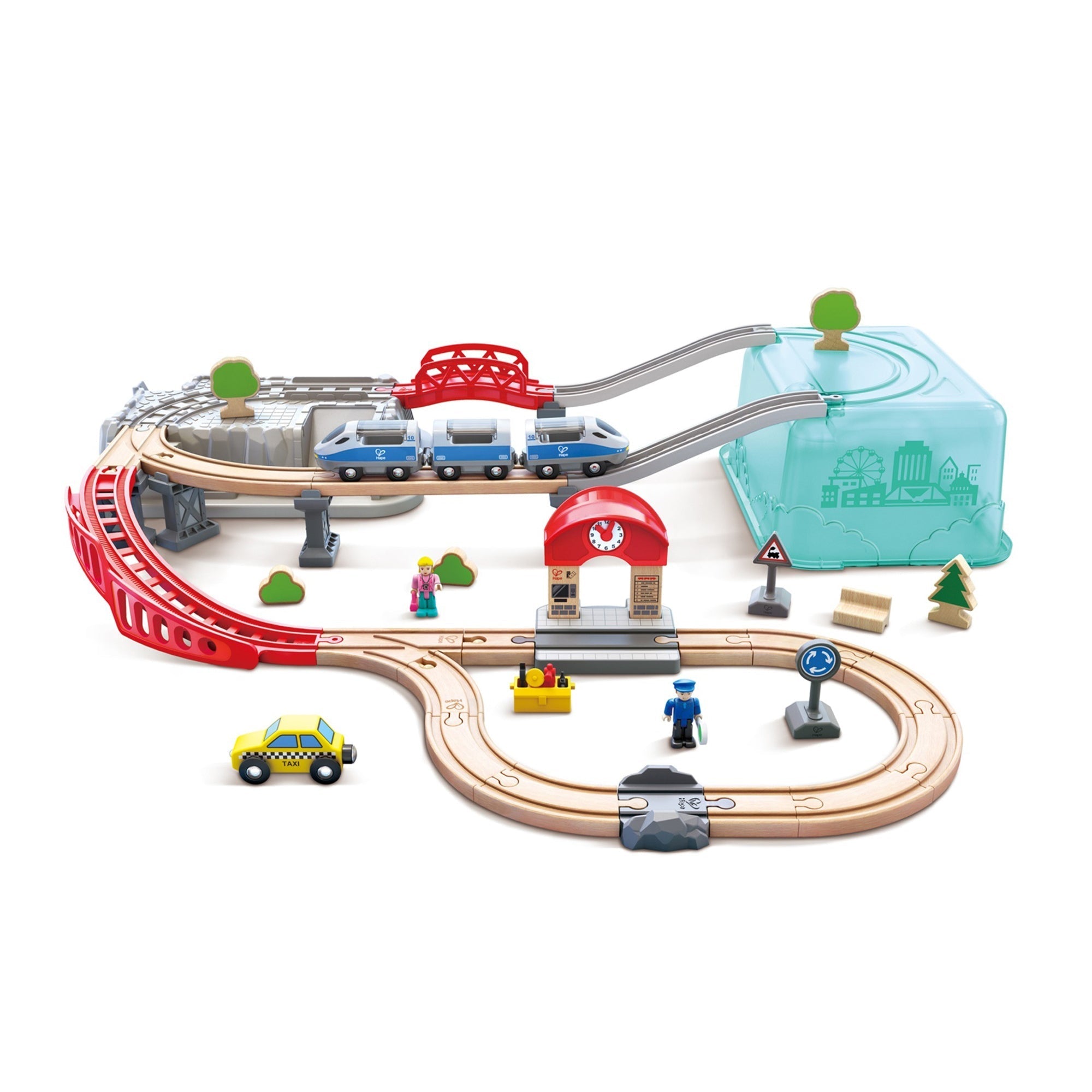 Hape Wooden City Train Railway Bucket Playset, 48 Pieces