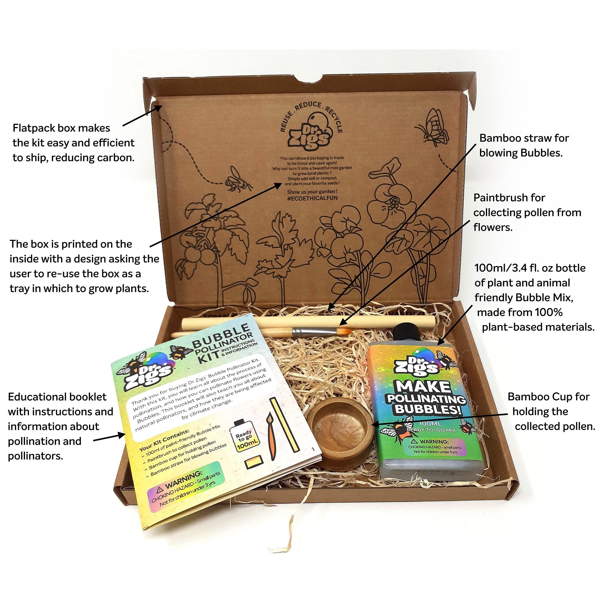  Dr Zigs Dr Zigs: Bubble Pollinator Kit -Pollinate Flowers w/ Bubbles, Plant & Bee Friendly Natural Solution, Bamboo Components, Educational Booklet, Kid Age3+ - Multi - Bonton