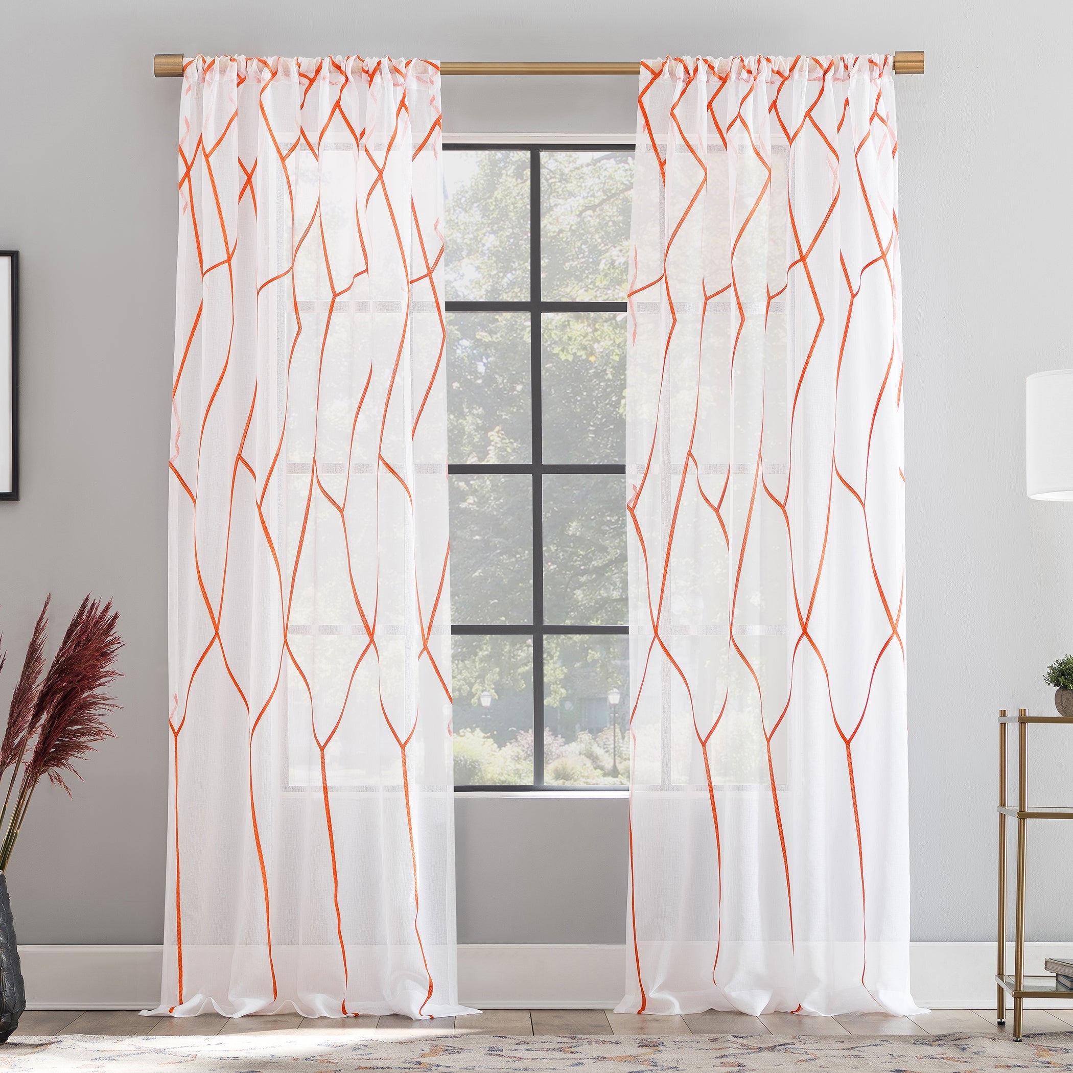  Azlan Geometric Embroidery Sheer Rod Pocket Curtain Panel - Gray - Bonton