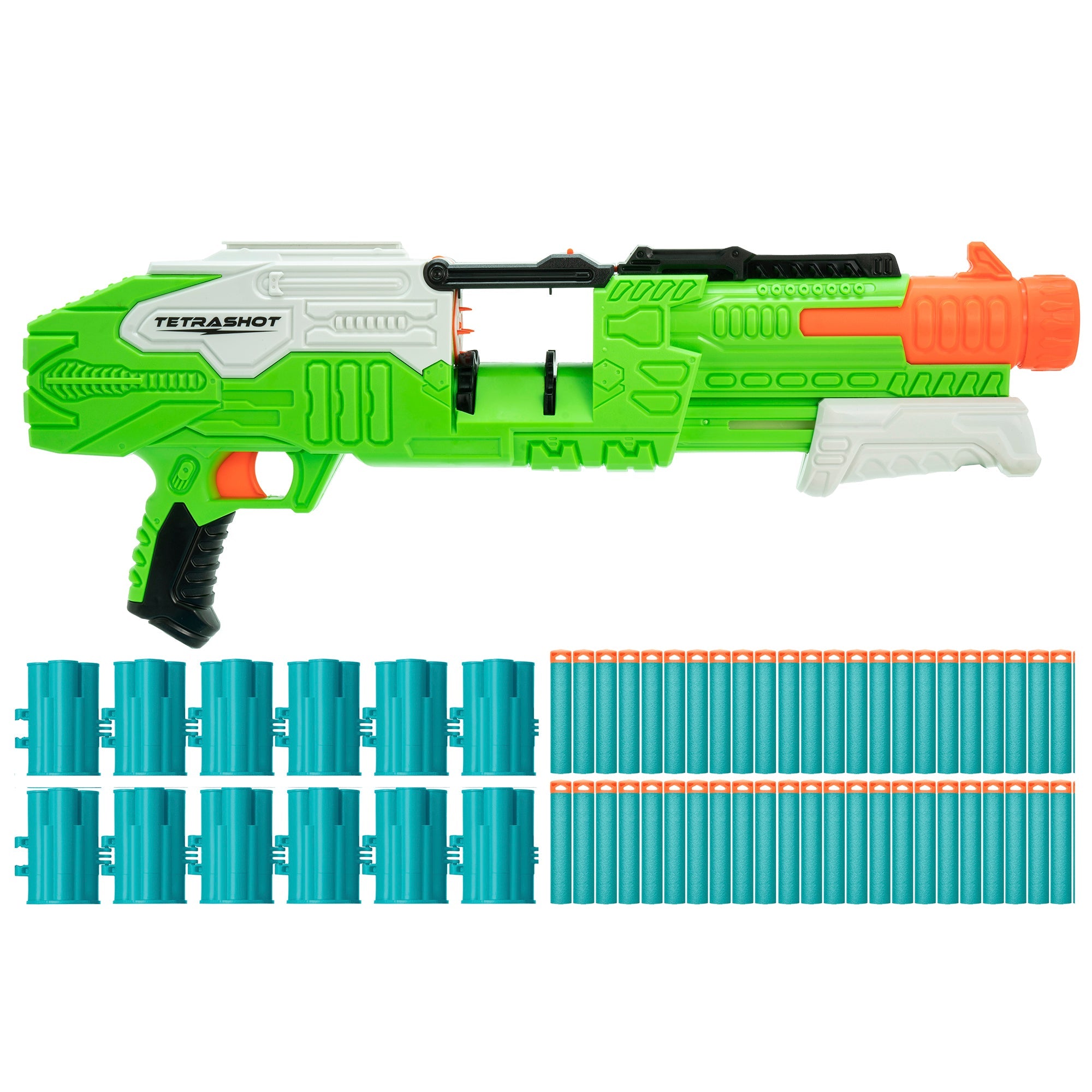  Buzz Bee Toys Air Warriors: Tetrashot - Dart Blaster, Green & White, 98 Accu-Blast Darts & Dart Belt, Shoots Up To 80ft, Kids Toy, Ages 6+ - Multi - Bonton