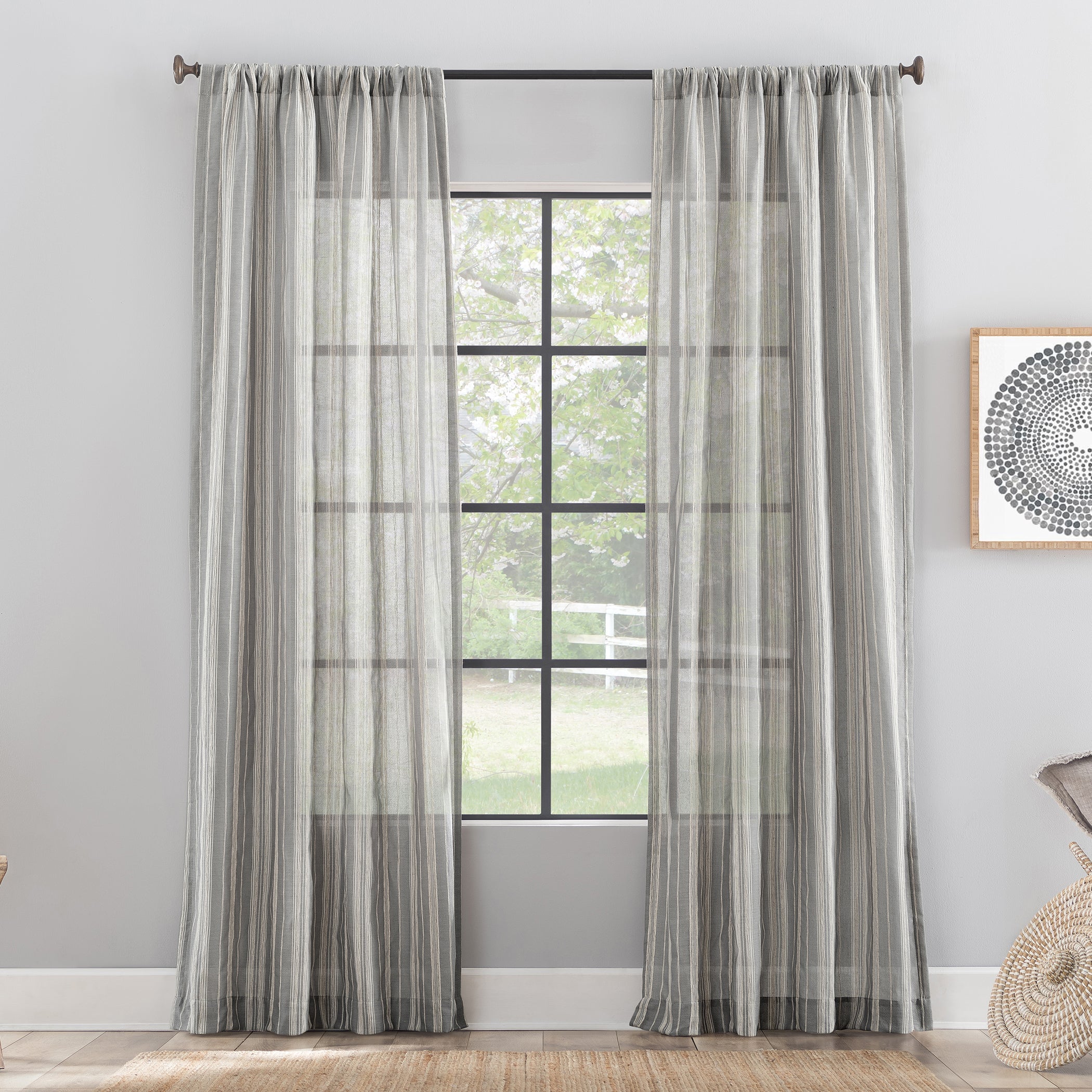  Embroidered Stripe Linen Blend Curtain - Gray - Bonton