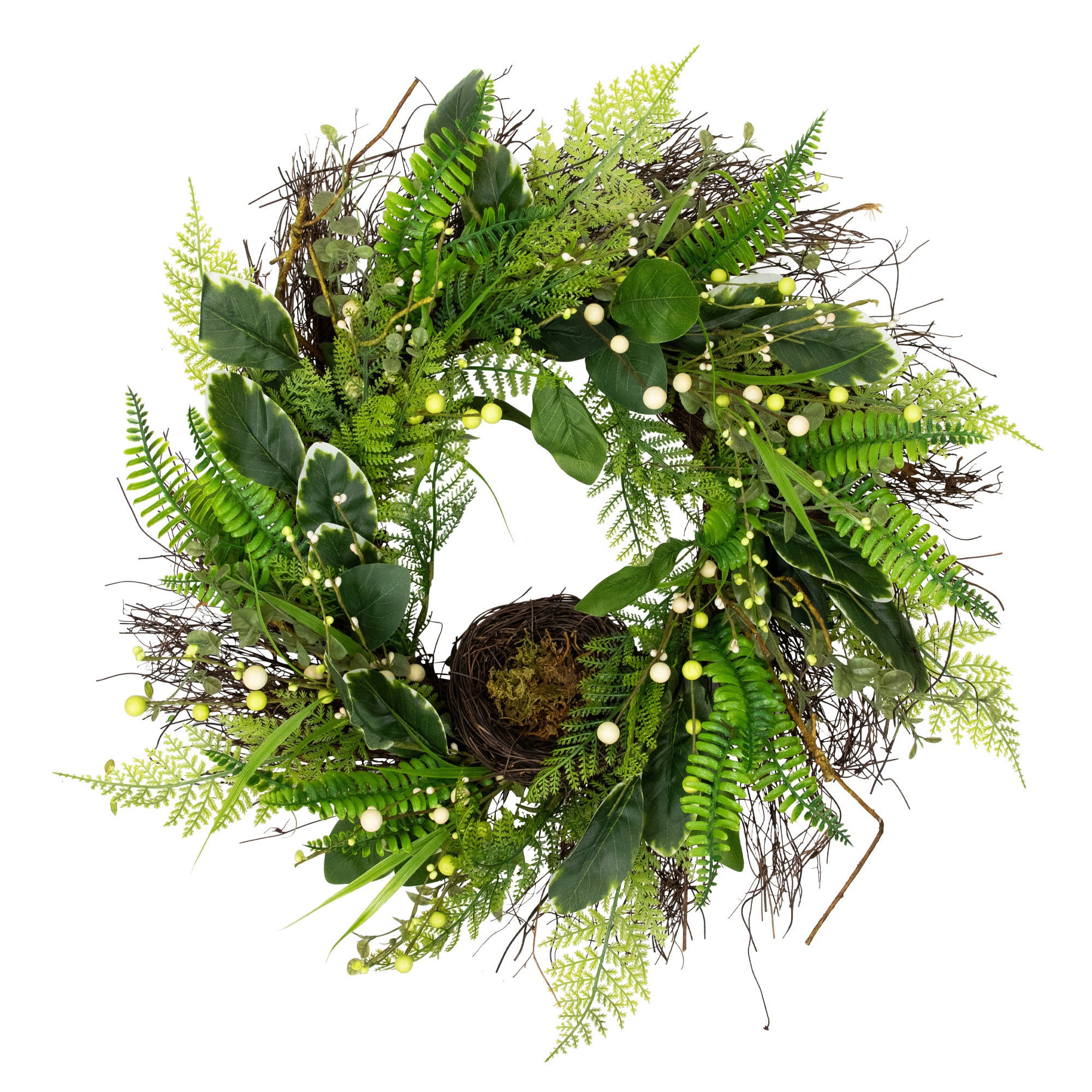 Northlight Green and Brown Foliage Artificial Spring Wreath With Nest - 24