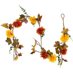 5.5' X 6" Autumn Harvest Orange and Yellow Mums With Maple Leaves Garland - Unlit
