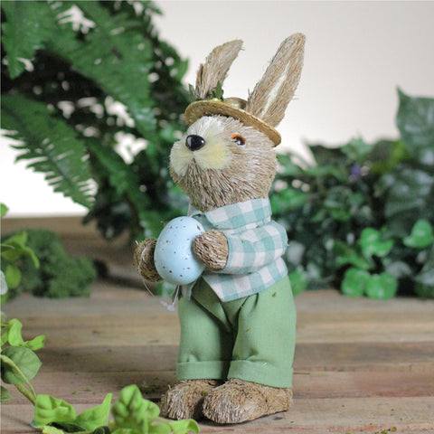 Spring Sisal Standing Easter Bunny Rabbit Figure With Robin's Egg - 10"