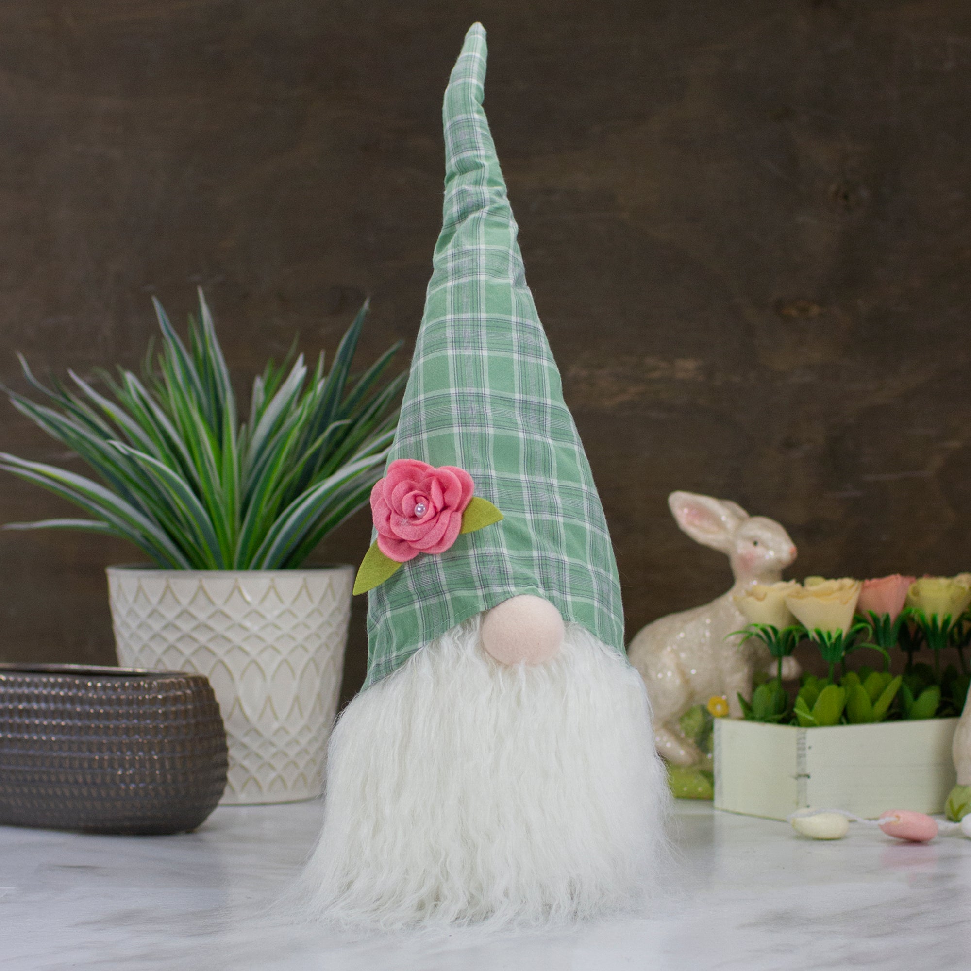  Green & White Plaid Spring Gnome Head Tabletop Decor, 20