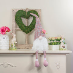 Plaid Spring Gnome Figure With Dangling Legs - 29" - Pink and White