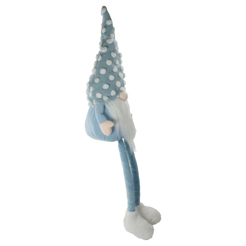 Sitting Spring Gnome Figure With a Pointy Polka Dot Hat - 34" - Blue and White