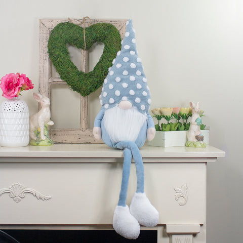 Sitting Spring Gnome Figure With a Pointy Polka Dot Hat - 34" - Blue and White