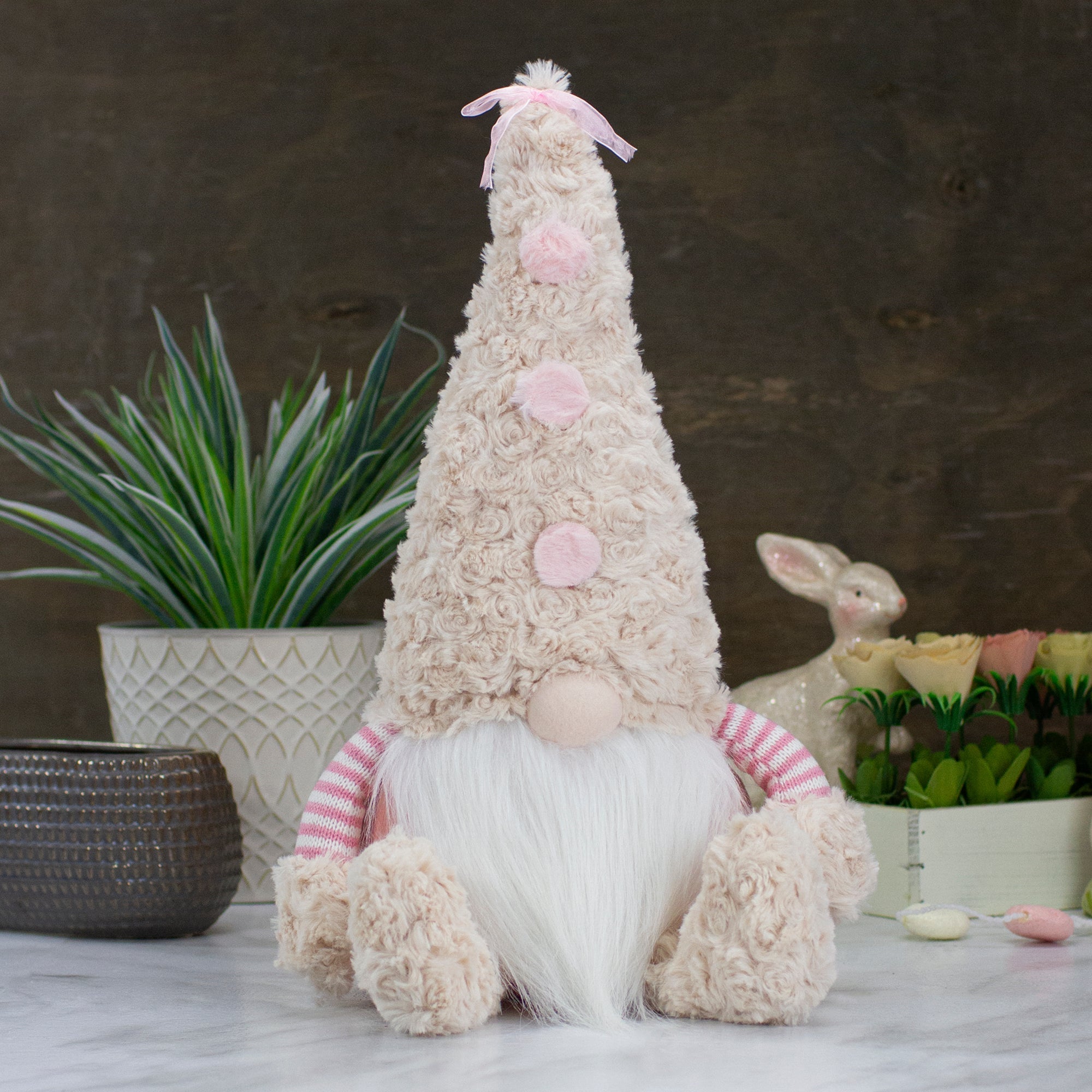  Pink Striped Sitting Plush Gnome Tabletop Figure with Legs, 18