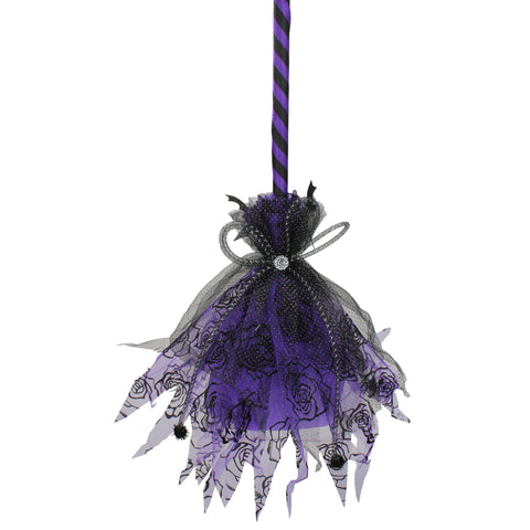 Striped Animated Witches Halloween Broom Decoration - 29" - Purple and Black