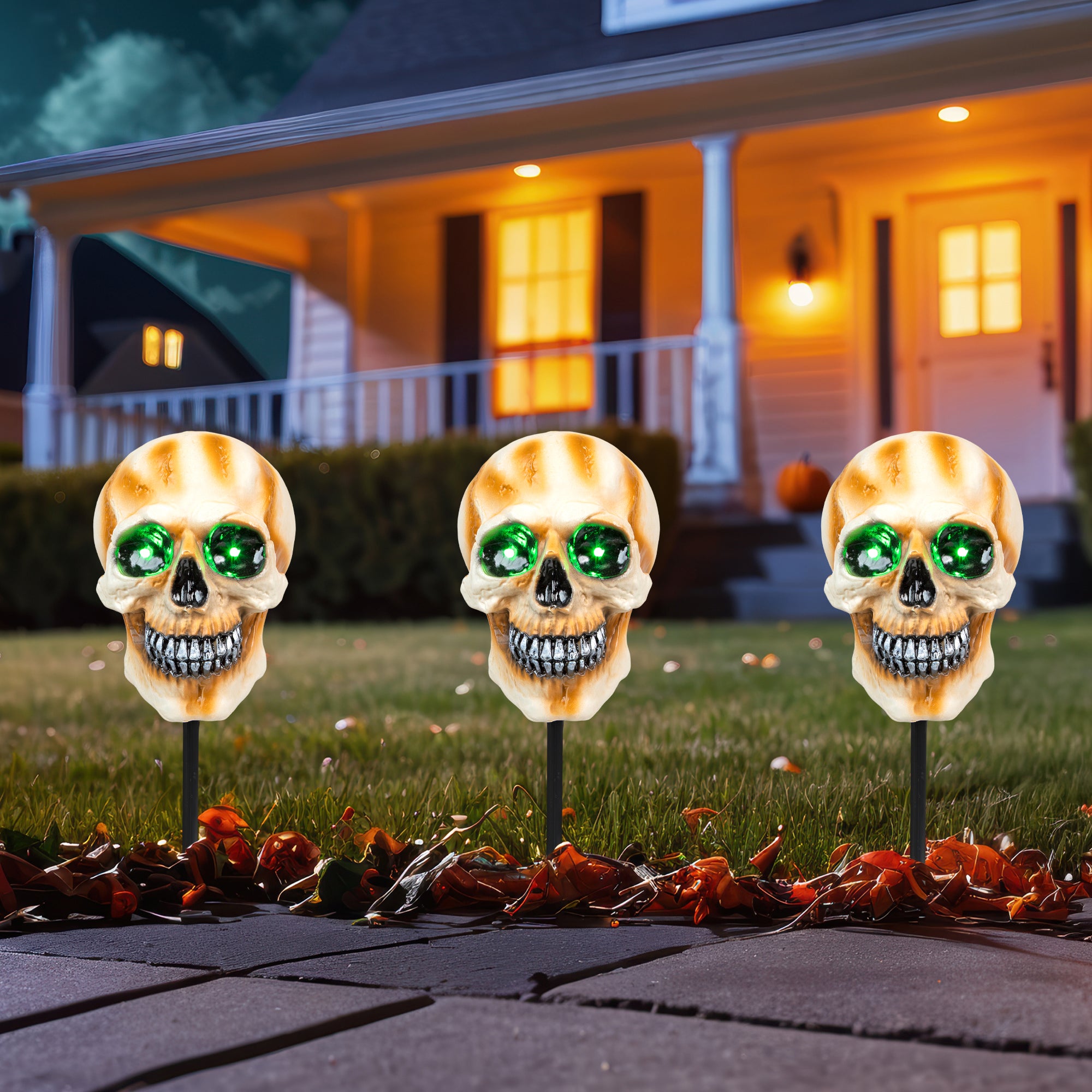  Northlight Set of 3 Lighted Skeleton Head Halloween Pathway Markers With Sound - Battery Operated - Default Title - Bonton