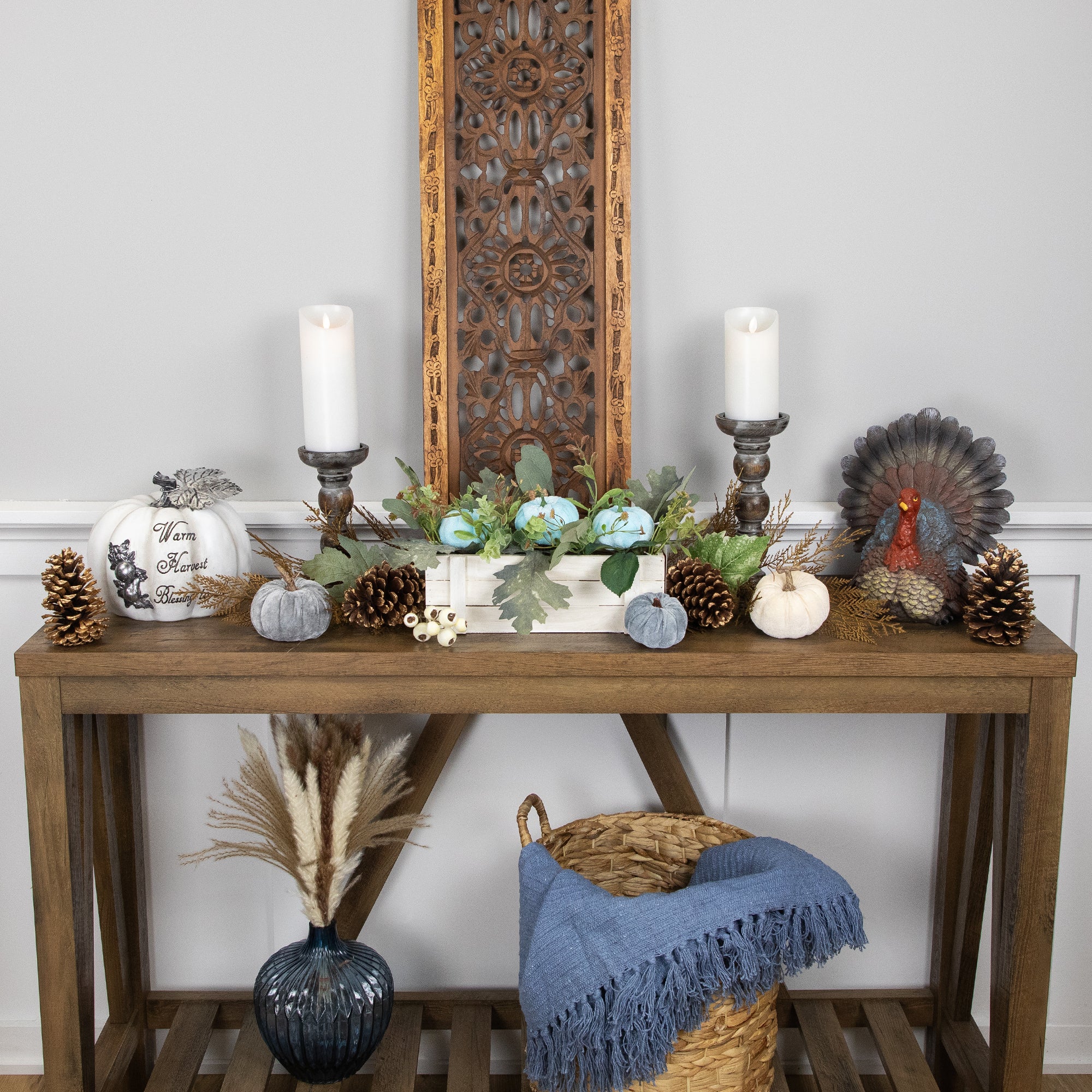  Northlight Fall Harvest Foliage and Pumpkins in Wooden Planter - 18