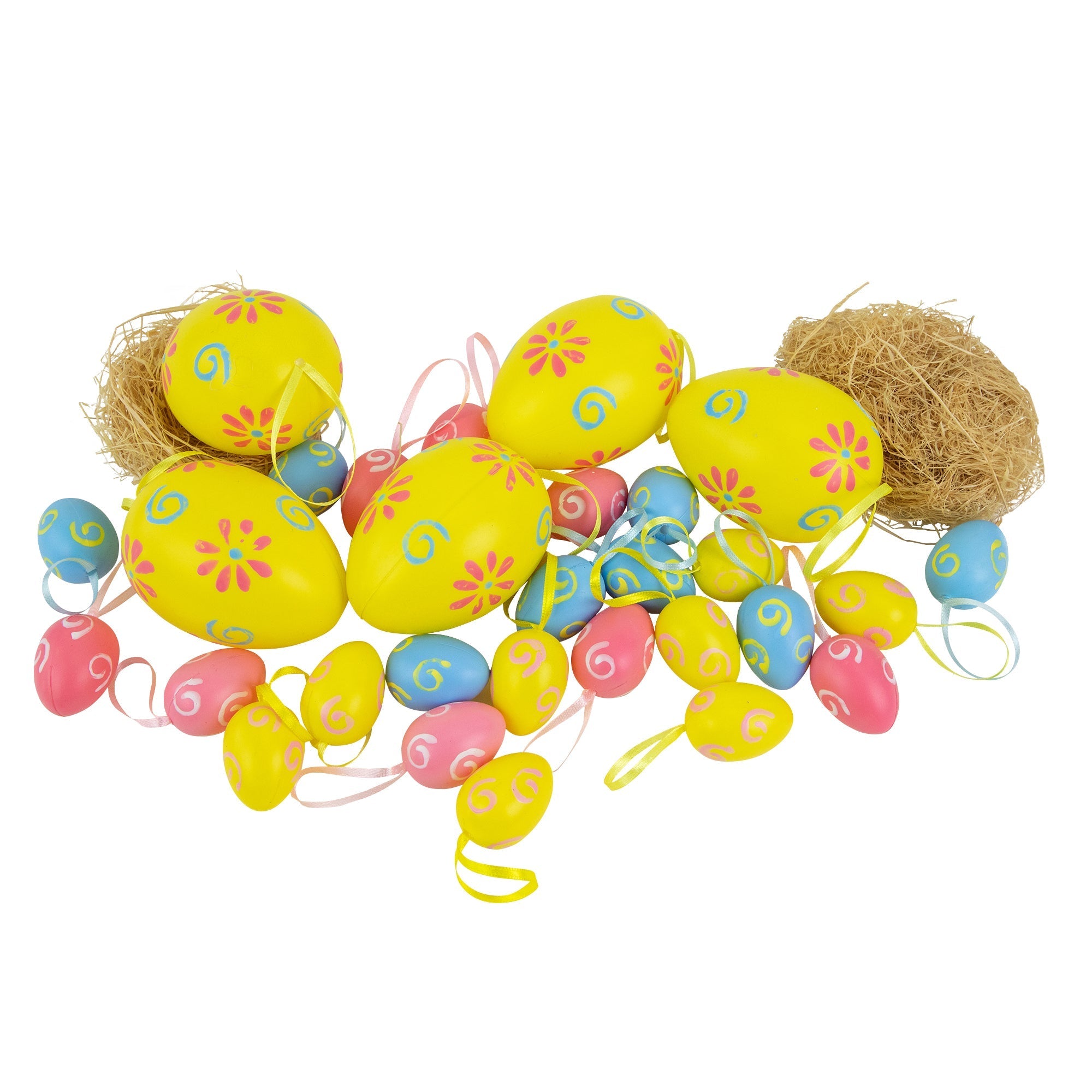  NorthLight Blue & Yellow Painted Floral Easter Egg Ornaments Pack of 29 - Yellow - Bonton