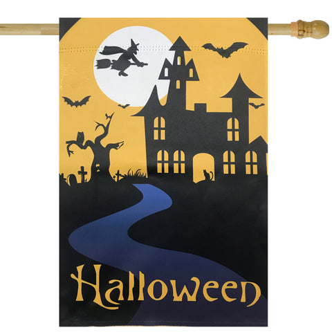Spooky House Halloween Outdoor House Flag With Bats and Witch 28" X 40"