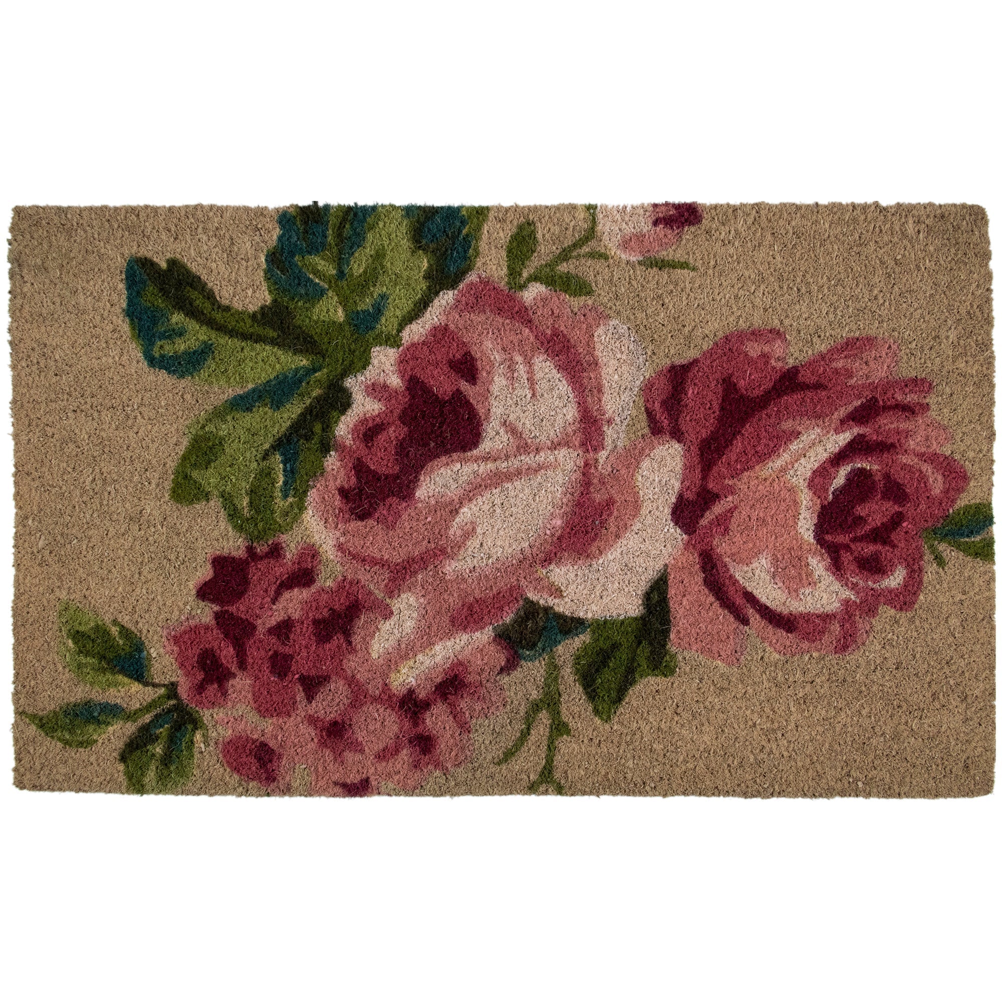  Natural Coir Pink & Green Floral Spring Doormat - Pink - Bonton