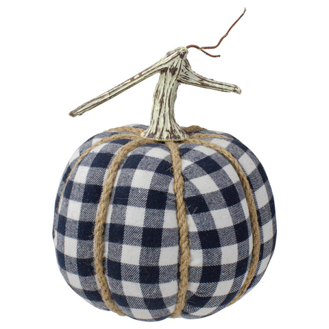 Plaid Fall Harvest Pumpkin With Weathered Stem - 7.75" - Dark Blue and White