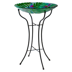 18" Colorful Dragonfly with Green Leaves Hand Painted Glass Outdoor Patio Birdbath