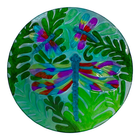 18" Colorful Dragonfly With Green Leaves Hand Painted Glass Outdoor Patio Birdbath