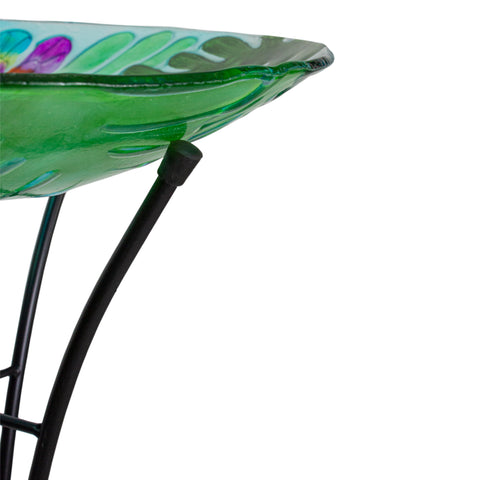 18" Colorful Dragonfly With Green Leaves Hand Painted Glass Outdoor Patio Birdbath