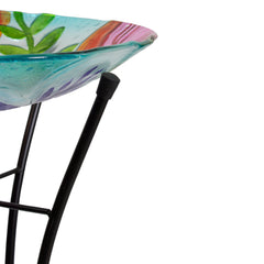 21" White and Blue Hand Painted Floral Glass Outdoor Patio Birdbath