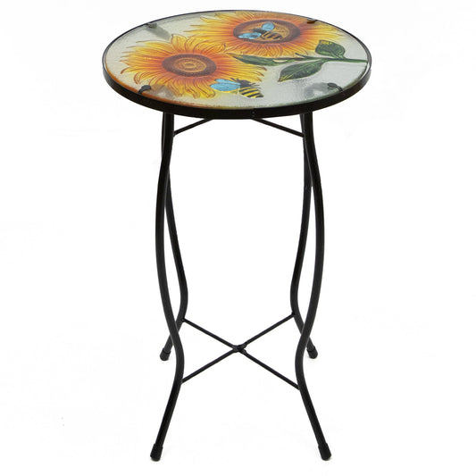 19" Sunflower and Bumblebee Glass Patio Side Table