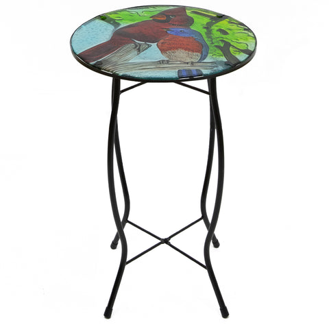 19" Blue and Red Cardinal Glass Patio Side Table