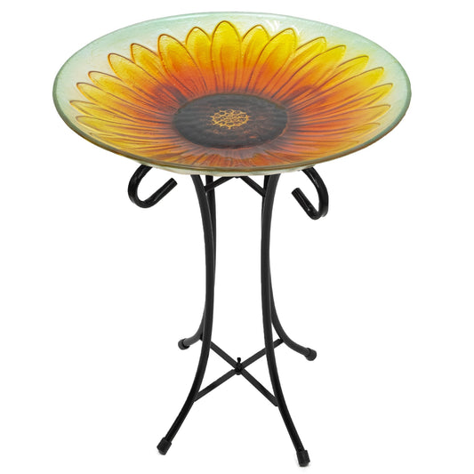 20.5" Orange and Yellow Sunflower Glass Bird Bath with Stand