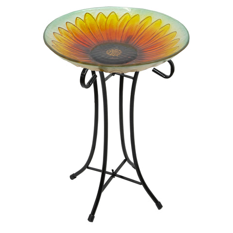 20.5" Orange and Yellow Sunflower Glass Bird Bath With Stand