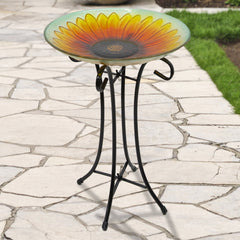 20.5" Orange and Yellow Sunflower Glass Bird Bath with Stand