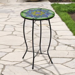 19" Green and Blue Peacock Flower Tail Glass Patio Side Table