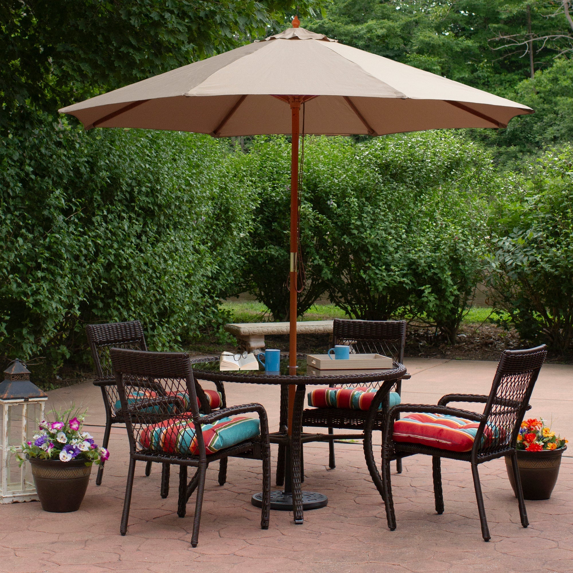  9ft Outdoor Patio Market Umbrella with Wooden Pole Tan - Beige - Bonton