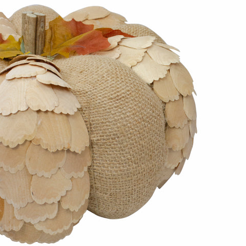 Autumn Harvest Burlap and Wood Pumpkin Decoration - 9" - Tan