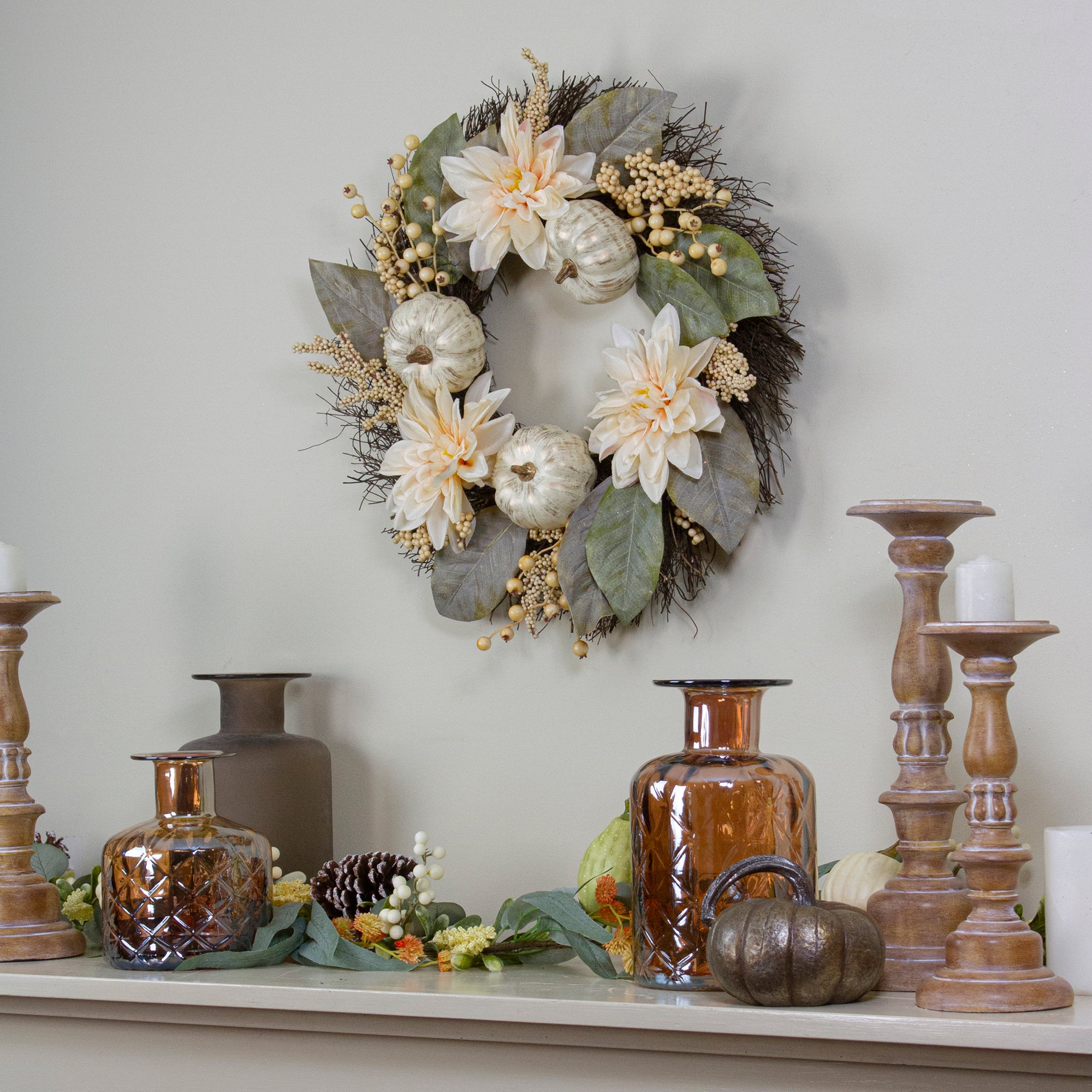  Northlight Dahlia and Pumpkin Fall Artificial Floral Wreath  22-Inch - Default Title - Bonton