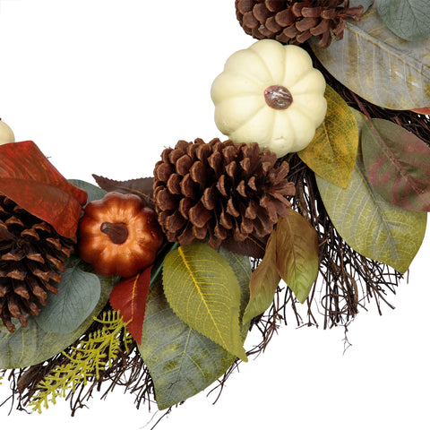 Pumpkin  Pinecone  and Gourd Artificial Fall Harvest Wreath  24-Inch  Unlit