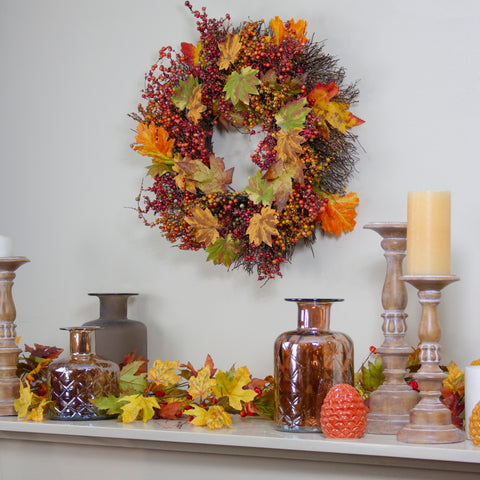 Maple Leaf and Berry Twig Artificial Fall Harvest Wreath  22-Inch