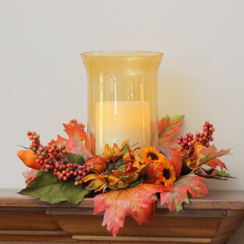 16" Orange and Red Sunflower With Pumpkin Fall Pillar Candle Holder
