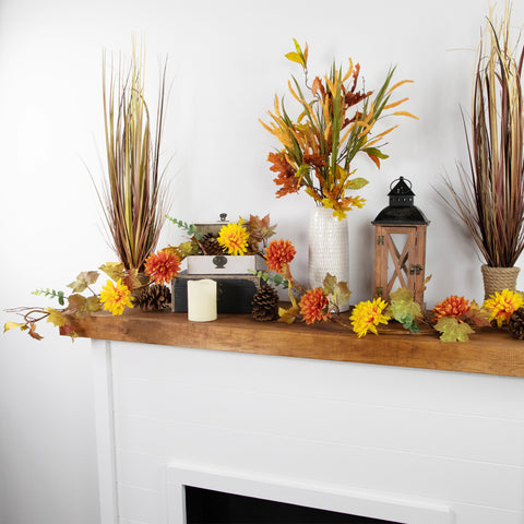 5.5' X 6" Autumn Harvest Orange and Yellow Mums With Maple Leaves Garland - Unlit