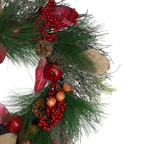 24" Autumn Harvest Pine  Berry and Pomegranate Wreath - Unlit