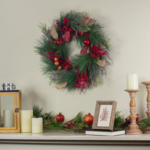 24" Autumn Harvest Pine  Berry and Pomegranate Wreath - Unlit