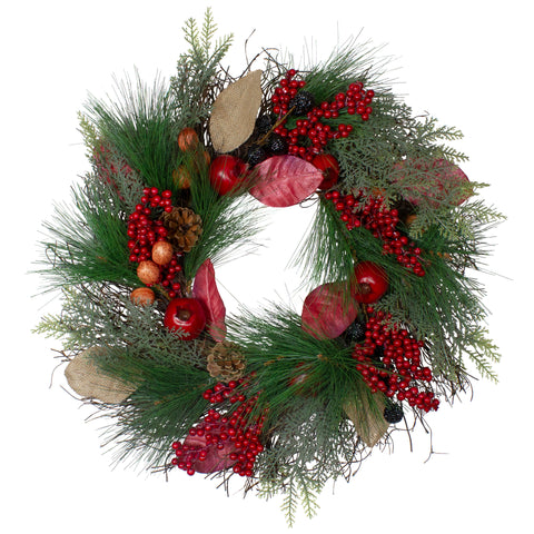 24" Autumn Harvest Pine  Berry and Pomegranate Wreath - Unlit