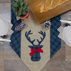 Burlap and Plaid Reindeer Christmas Runner - 80" - Blue and Beige