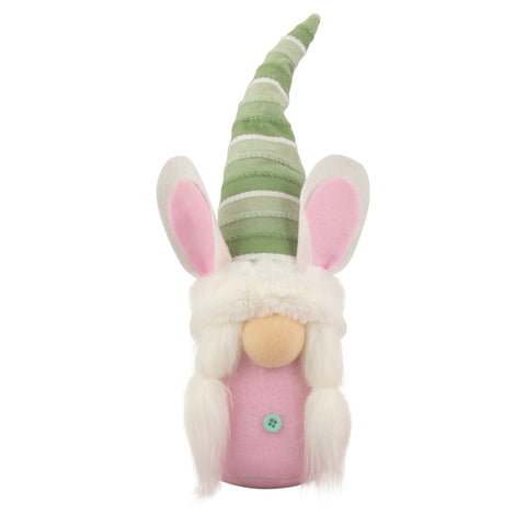 13" Pink and Green Gnome Girl With Bunny Ears Easter Figure