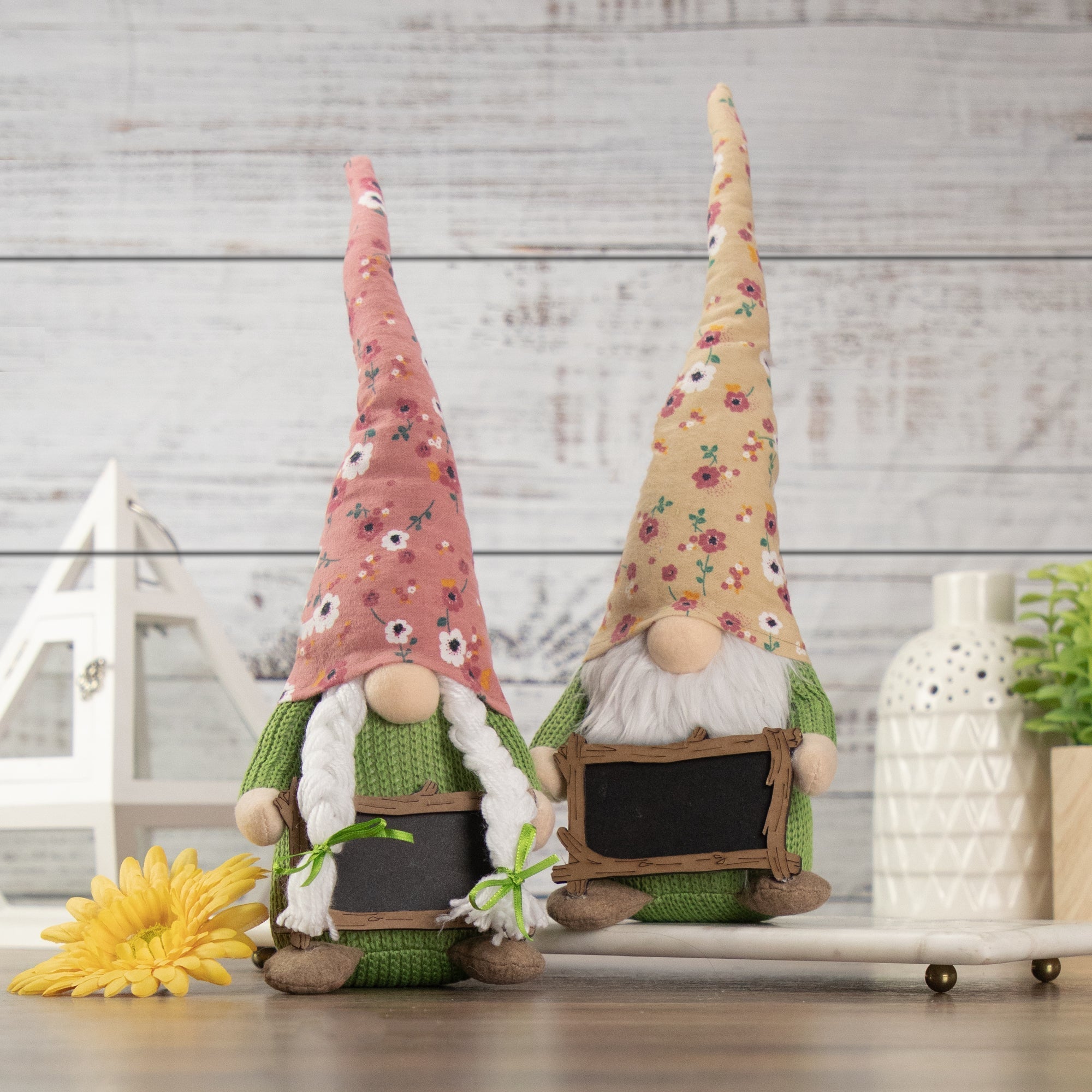  Yellow Floral Gnome with Message Board, 16