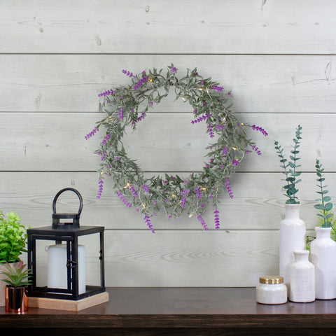 Pre-Lit Lavender Spring Wreath - Battery Operated - 16" - White LED Lights