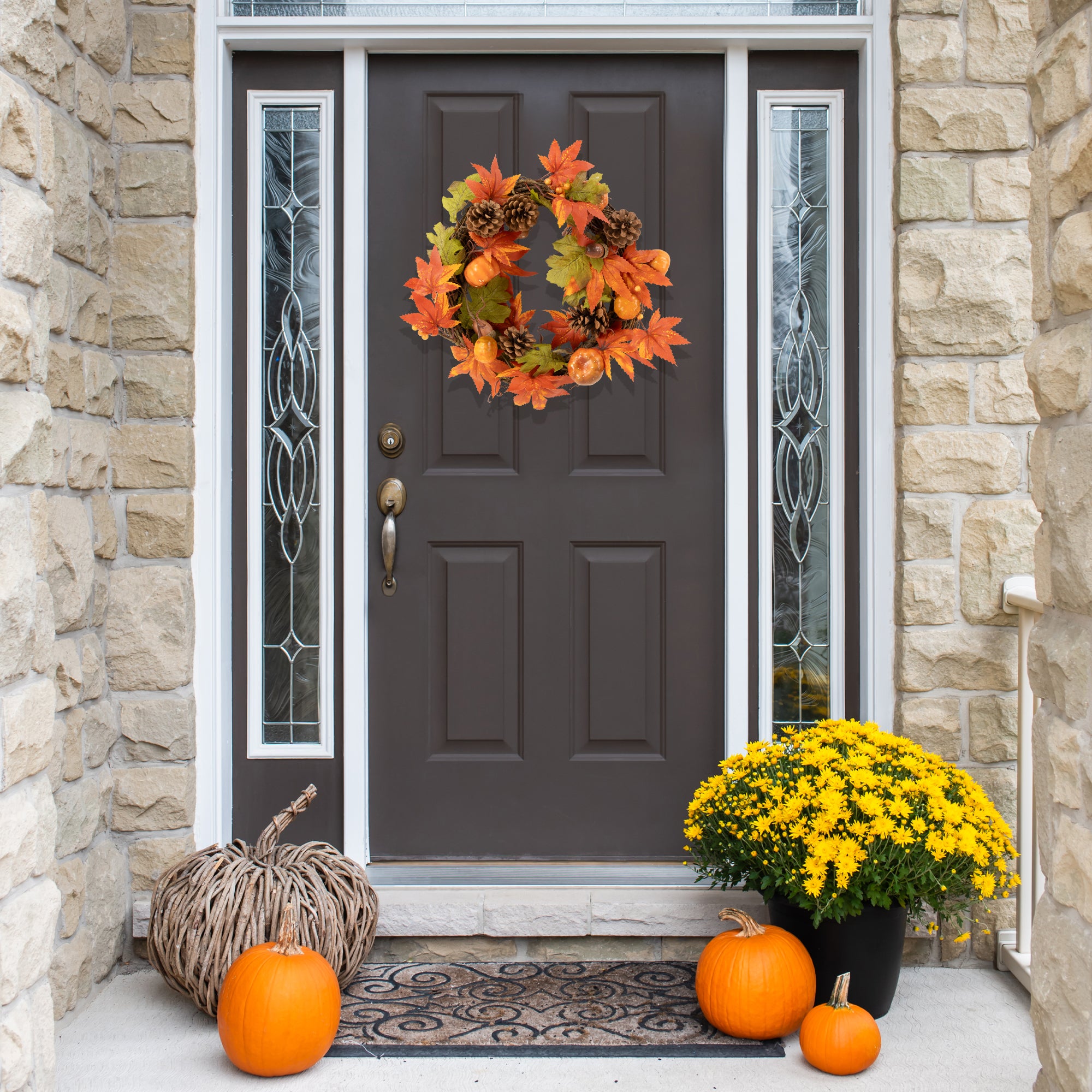  Northlight Autumn Leaves With Pine Cones and Pumpkins Fall Harvest Wreath  10-Inch  Unlit - Default Title - Bonton
