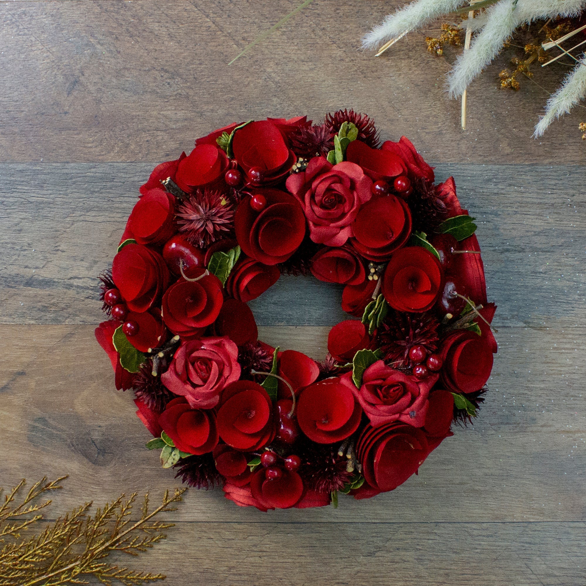  Red Wooden Rose & Berry Faux Wreath 9.5