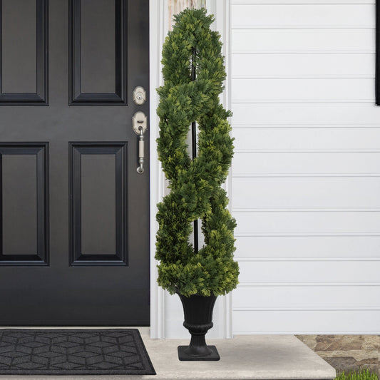 4.5' Artificial Cedar Double Spiral Topiary Tree in Urn Style Pot Unlit