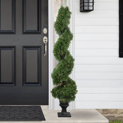 4.5' Pre-Lit Artificial Cedar Spiral Topiary Tree in Urn Style Pot Clear Lights