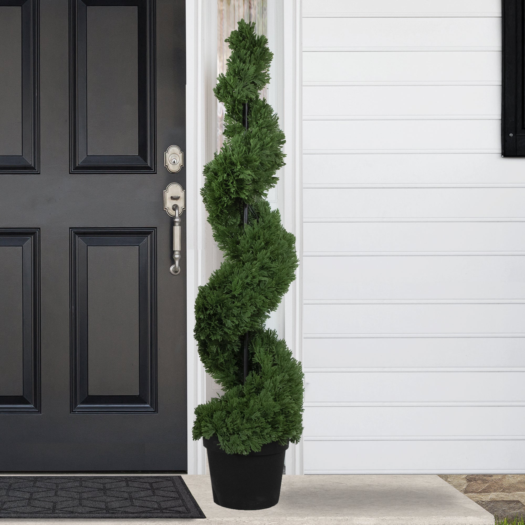  Northlight Real Touch™ Artificial Cedar Spiral Topiary Tree in Black Pot  Unlit - 5' - 5' - Bonton